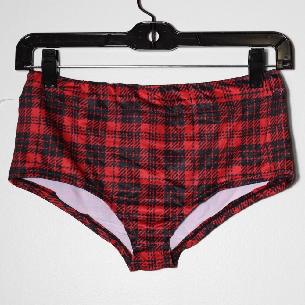 BodyRage Pull On Cheeky Hot Shorts Red Black Checkered Plaid Festival L & XL